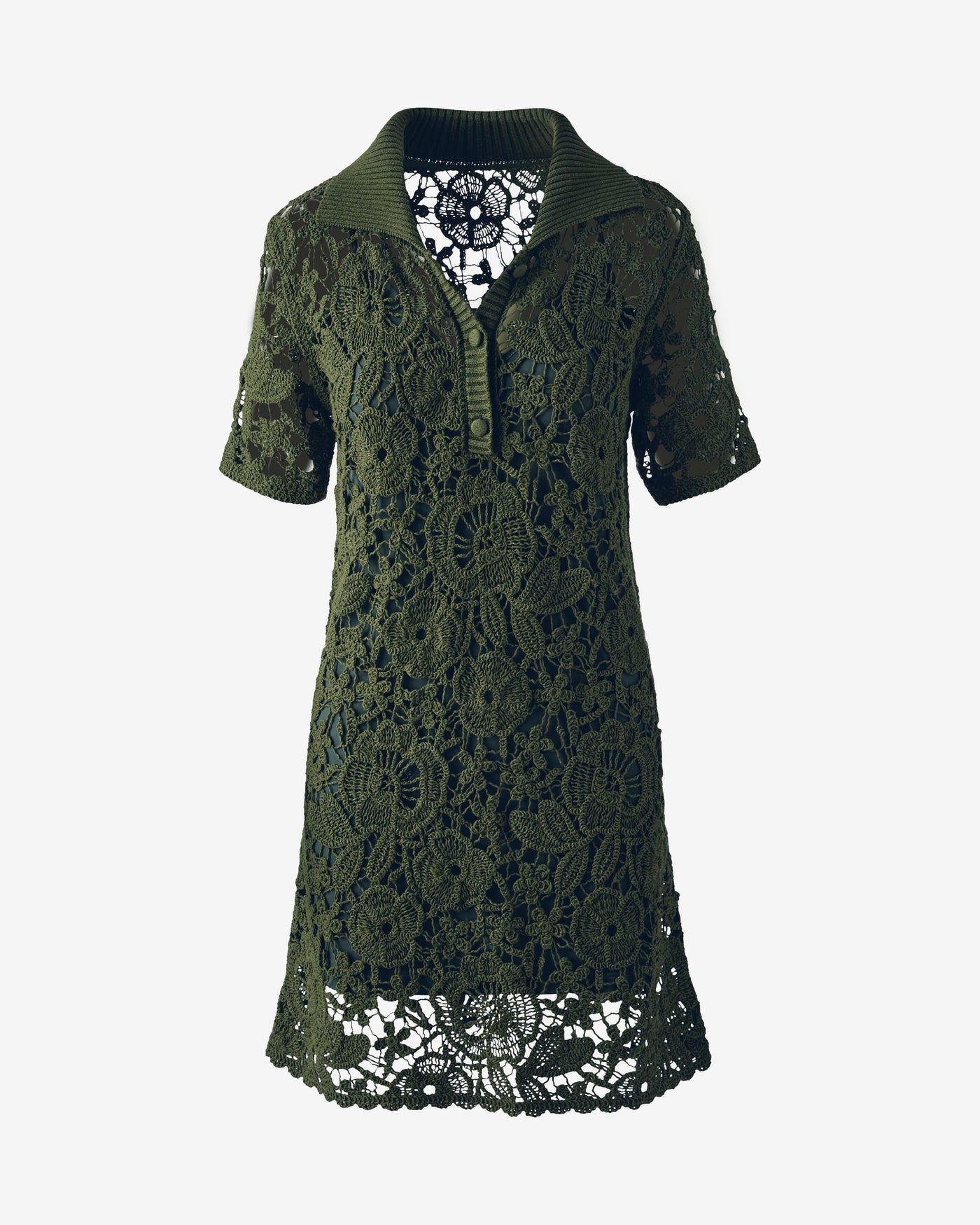 Collared Crochet Shirt Dress Bronze Green