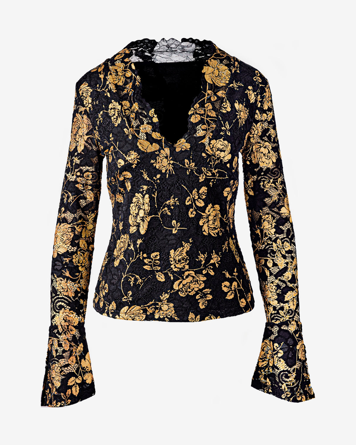 Printed Scalloped V Neck Lace Knit Top Black/Gold