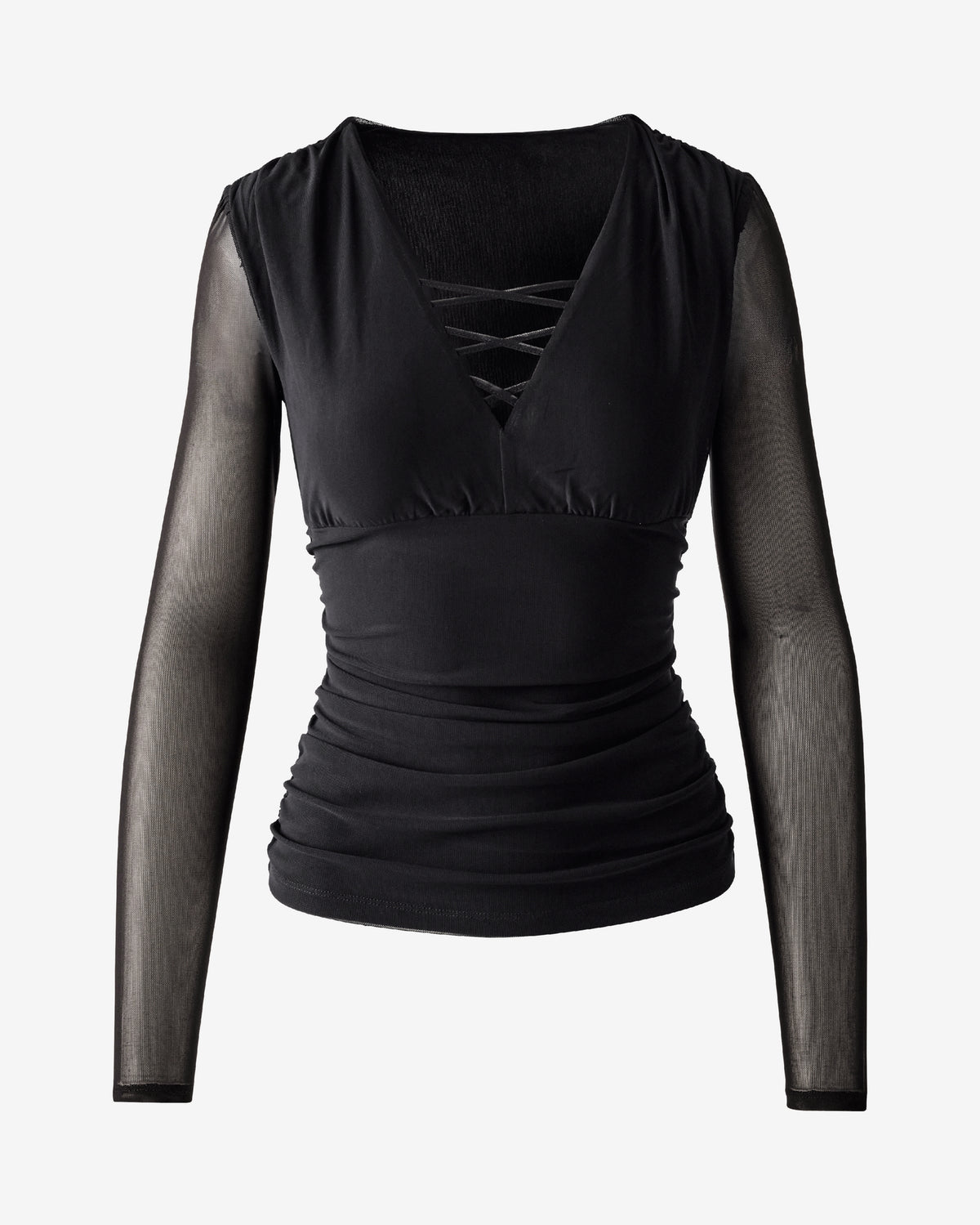 Mesh Long Sleeve V Neck Lace Up Top Proper Black