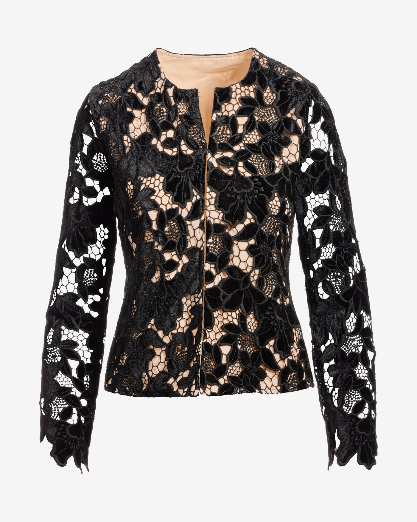 Floral Velvet Collarless Lady Jacket Black