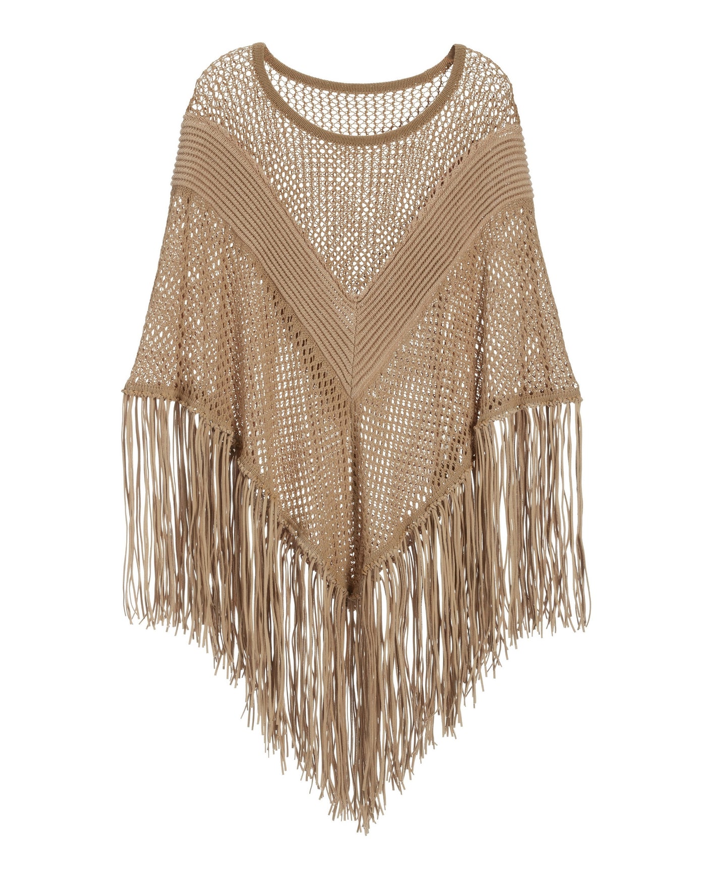 Faux Suede Fringe Poncho Sesame