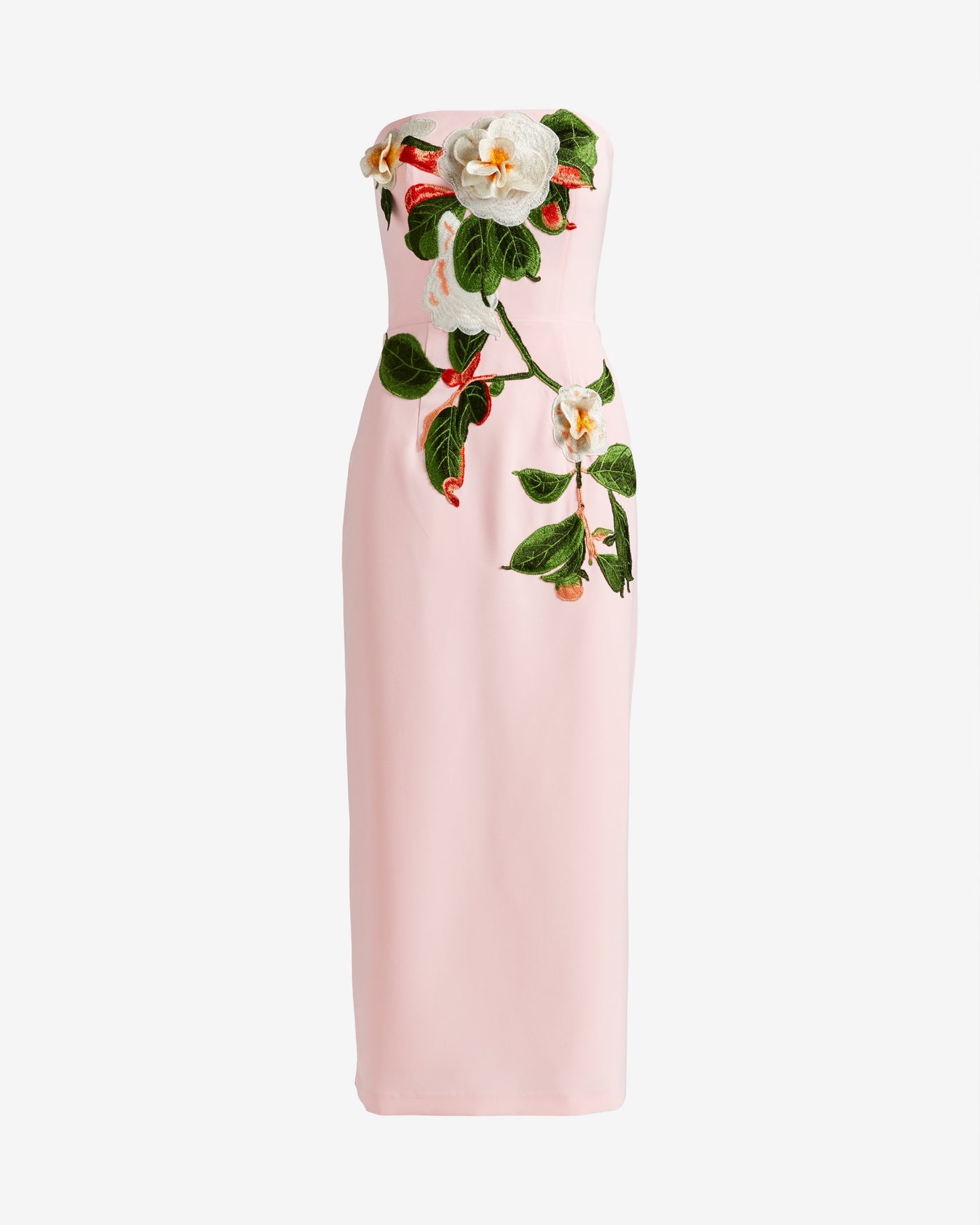 Strapless Placed Floral Applique Crepe Midi Dress Pink Multi