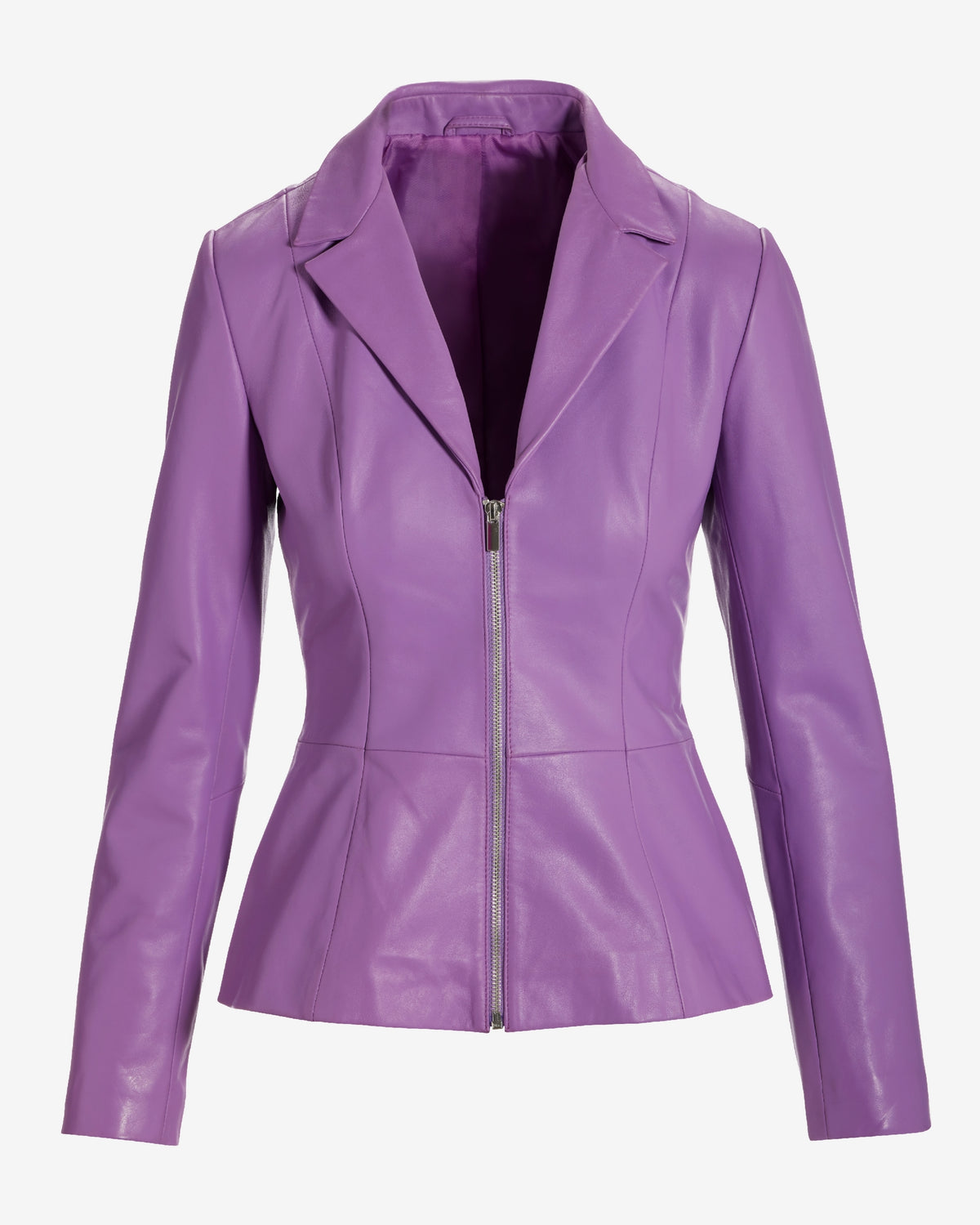 Genuine Leather Zip Collared Peplum Jacket Iris Orchid