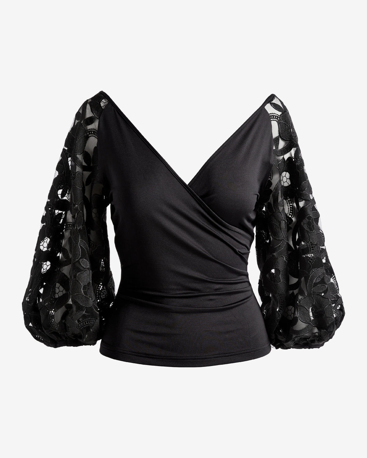 Embroidered Lace Sleeve Surplice Knit Top Black