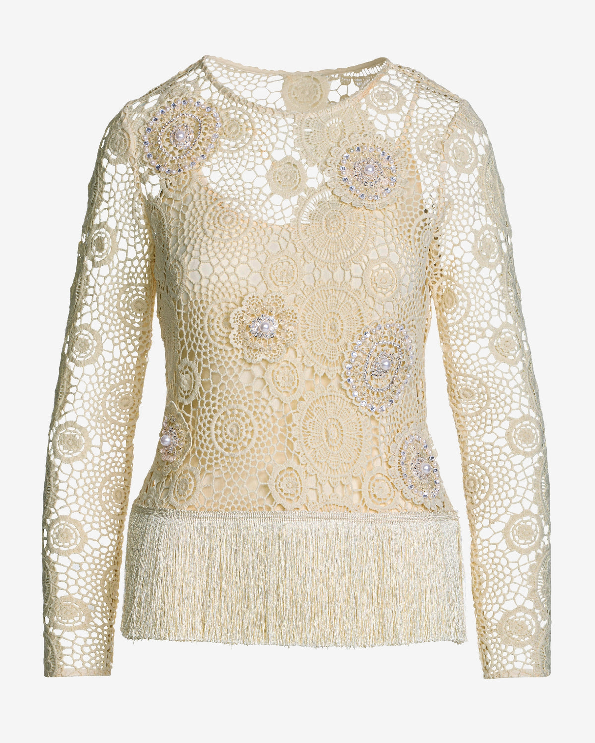 Embellished Crochet Fringe Pullover Natural