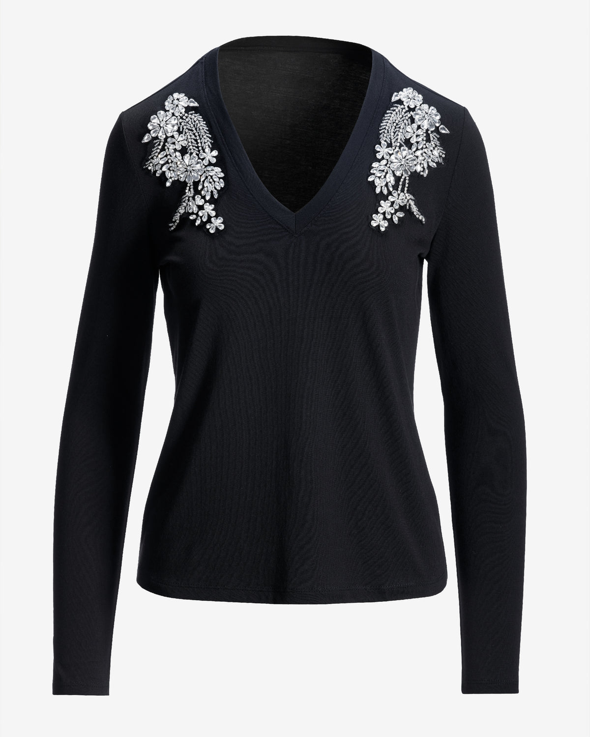 Rhinestone Long Sleeve V Neck Knit Top Proper Black