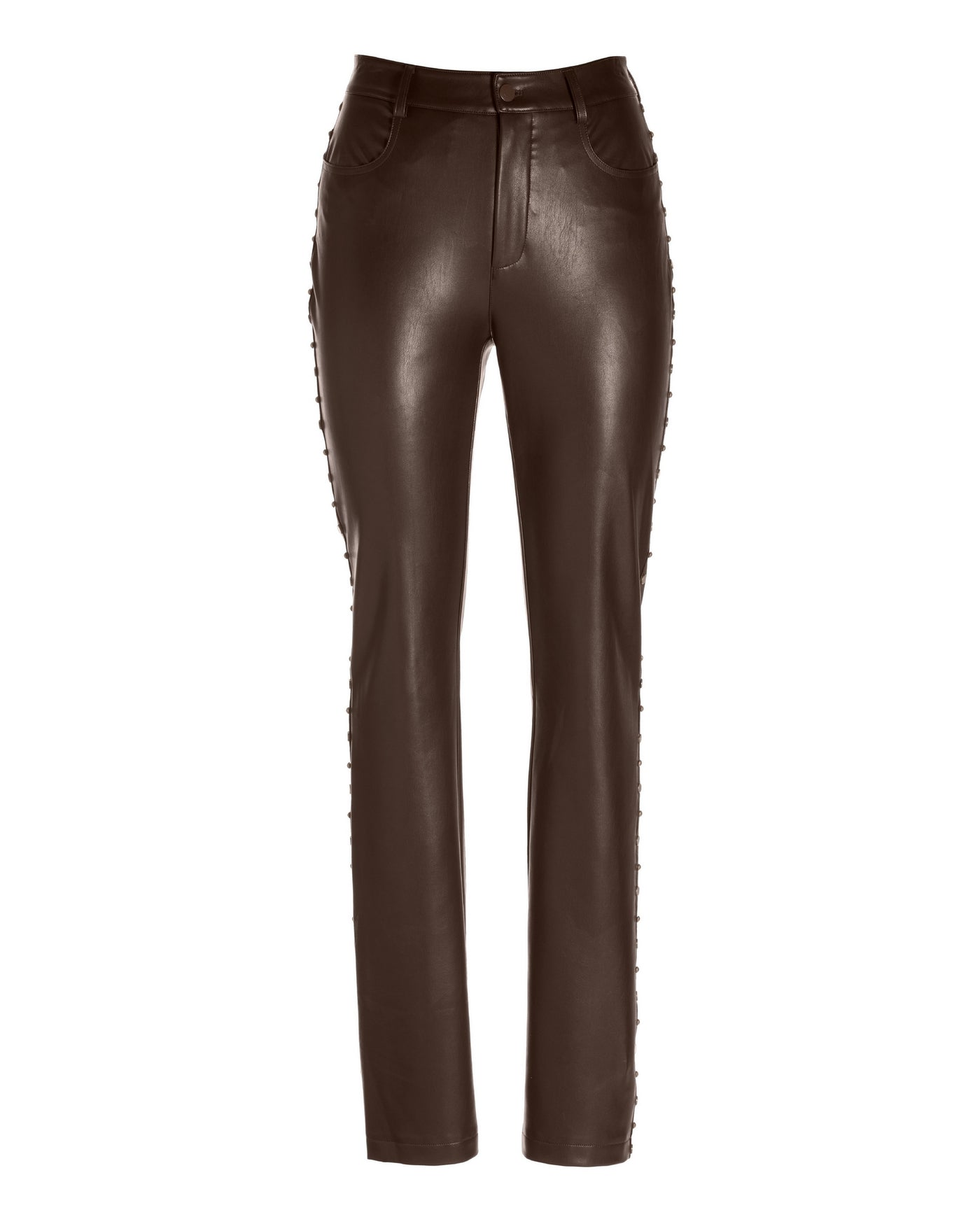 Newport Studded Faux Leather Five Pocket Slim Straight Pant Chocolate/Brass