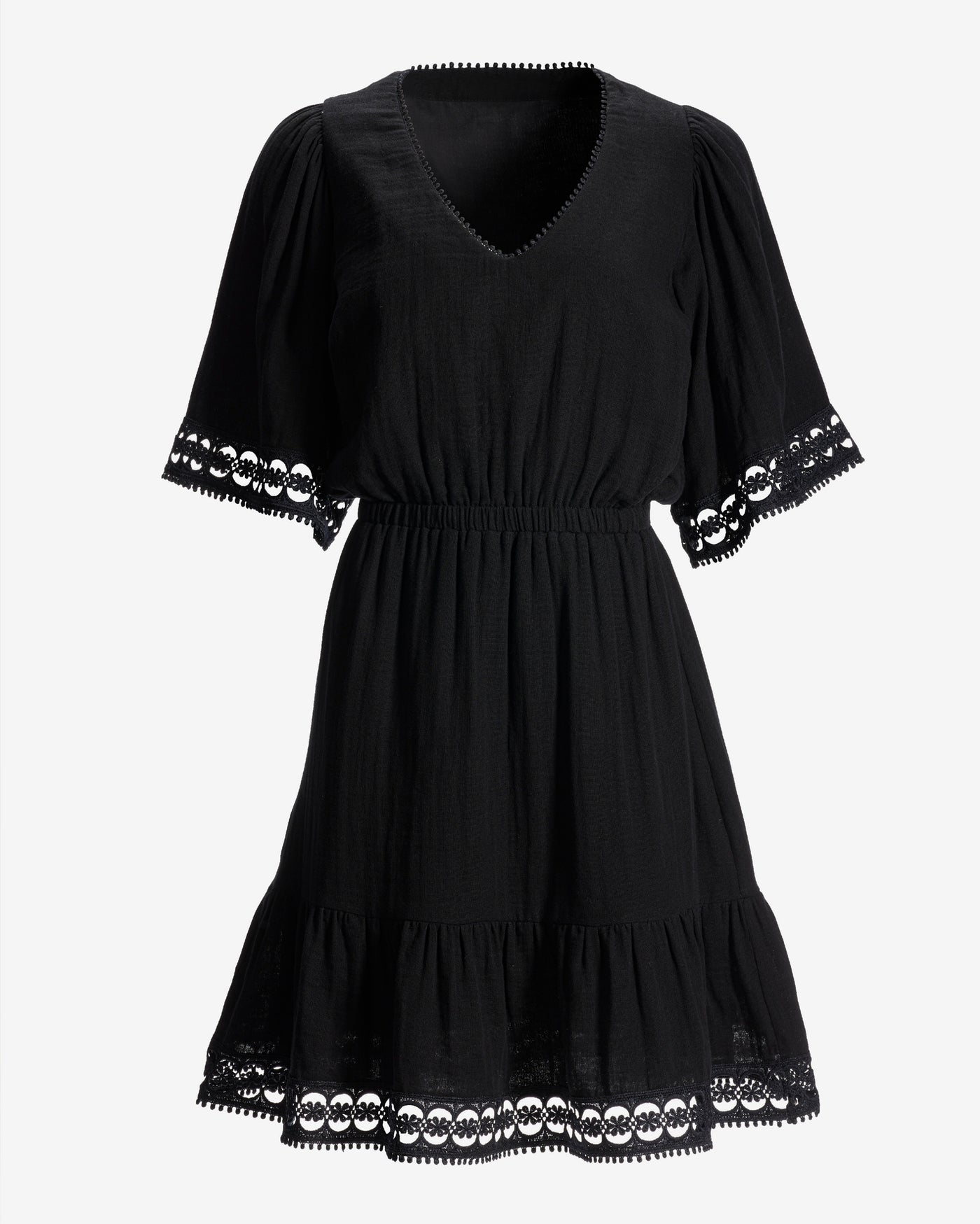 Lace Trim Gauze A Line Dress Black