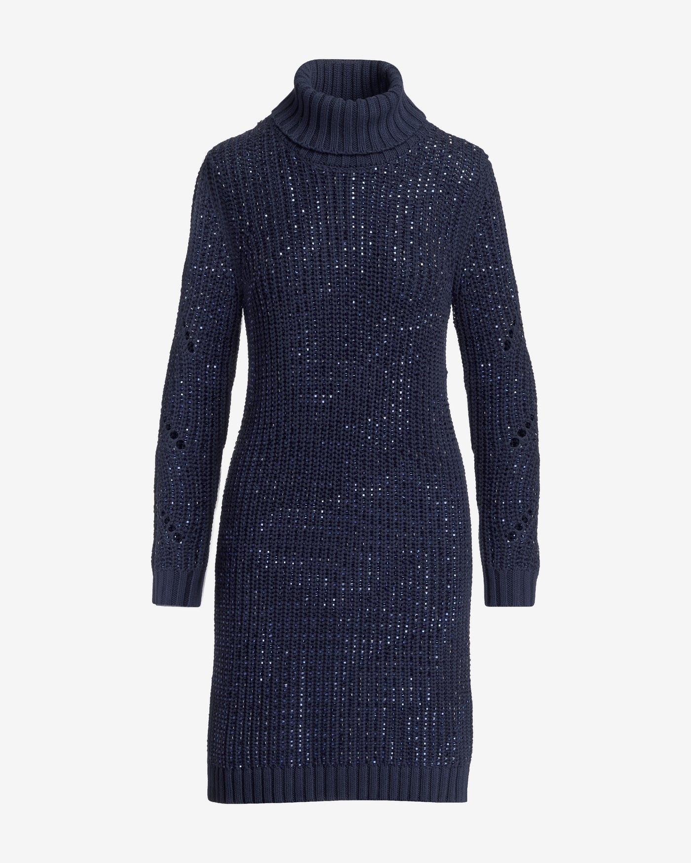 Crystal Embellished Turtleneck Sweater Dress Navy