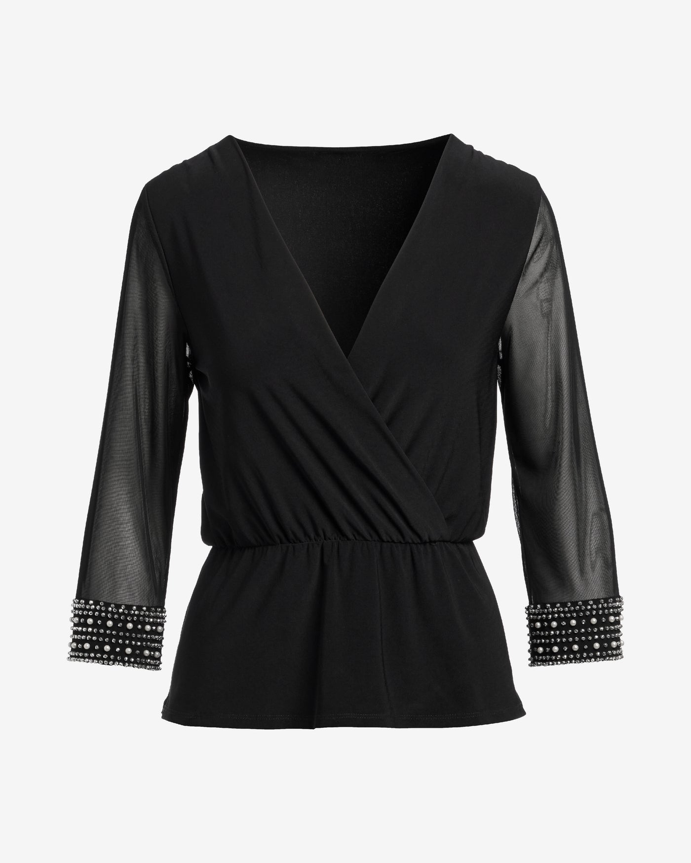 Pearl and Rhinestone Embellished Sleeve Surplice Knit Black
