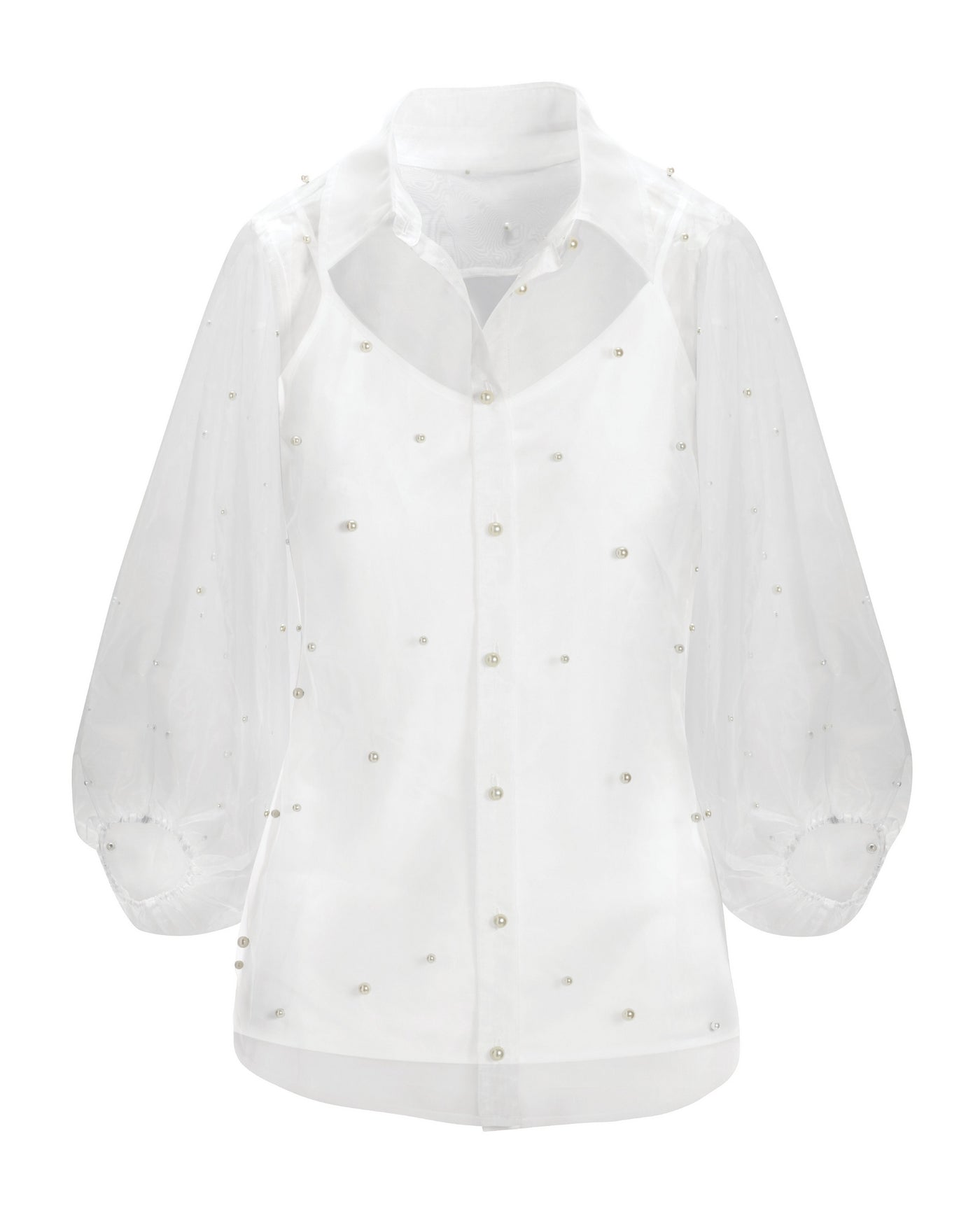 Pearl Embellished Organza Balloon Sleeve Shirt Off White
