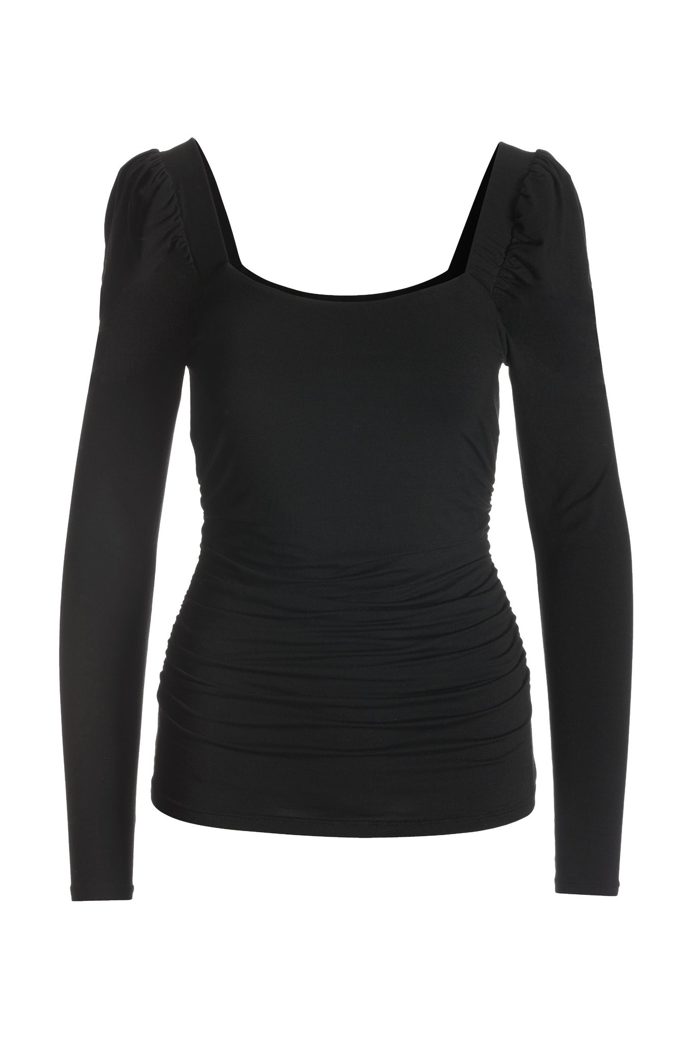 Ruched Square Neck Puff Sleeve Black