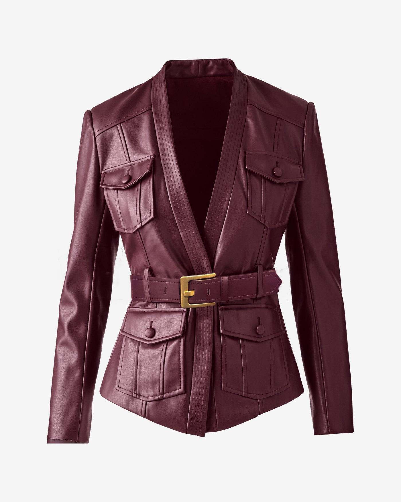 Belted Faux Leather Cut Away Utility Jacket Windsor Wine