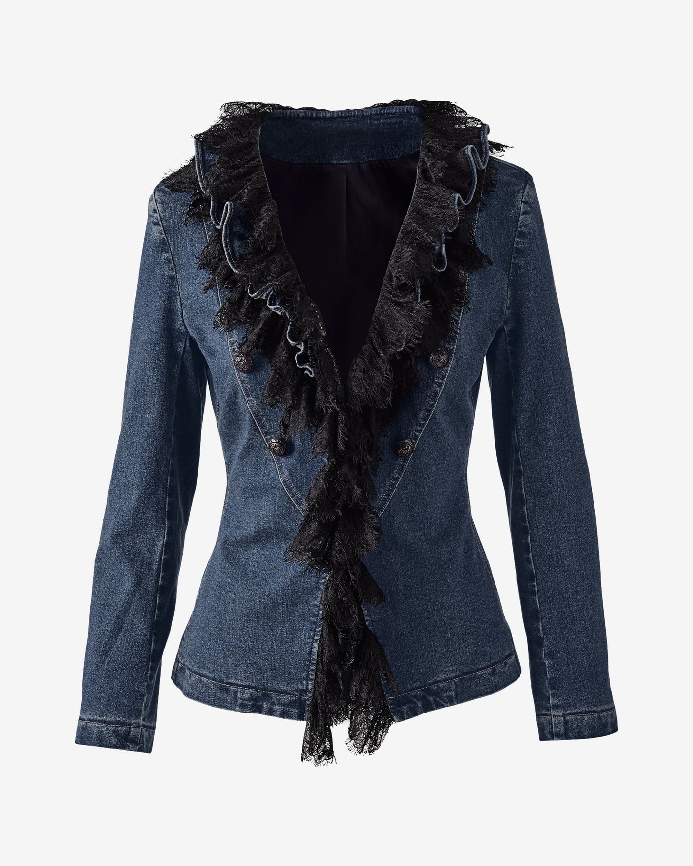 Shaped Denim Jacket with Ruffle Lace Trim Dark/Medium Denim