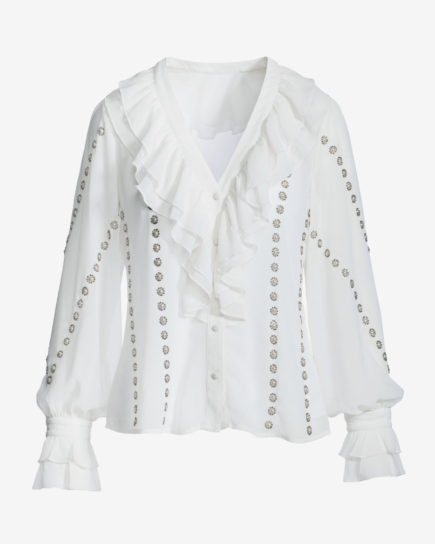 Parisian Pearl Embellished Ruffle Blouse White