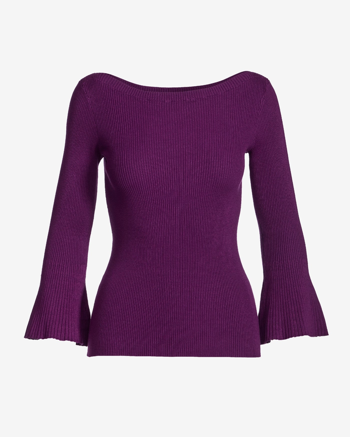 Ribbed Boatneck Flare Sleeve Sweater Grape Juice