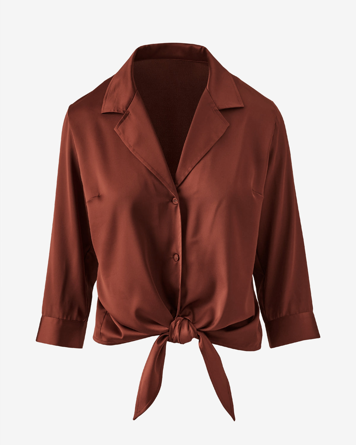 Charmeuse Notched Collar Tie Front Shirt Madder Brown