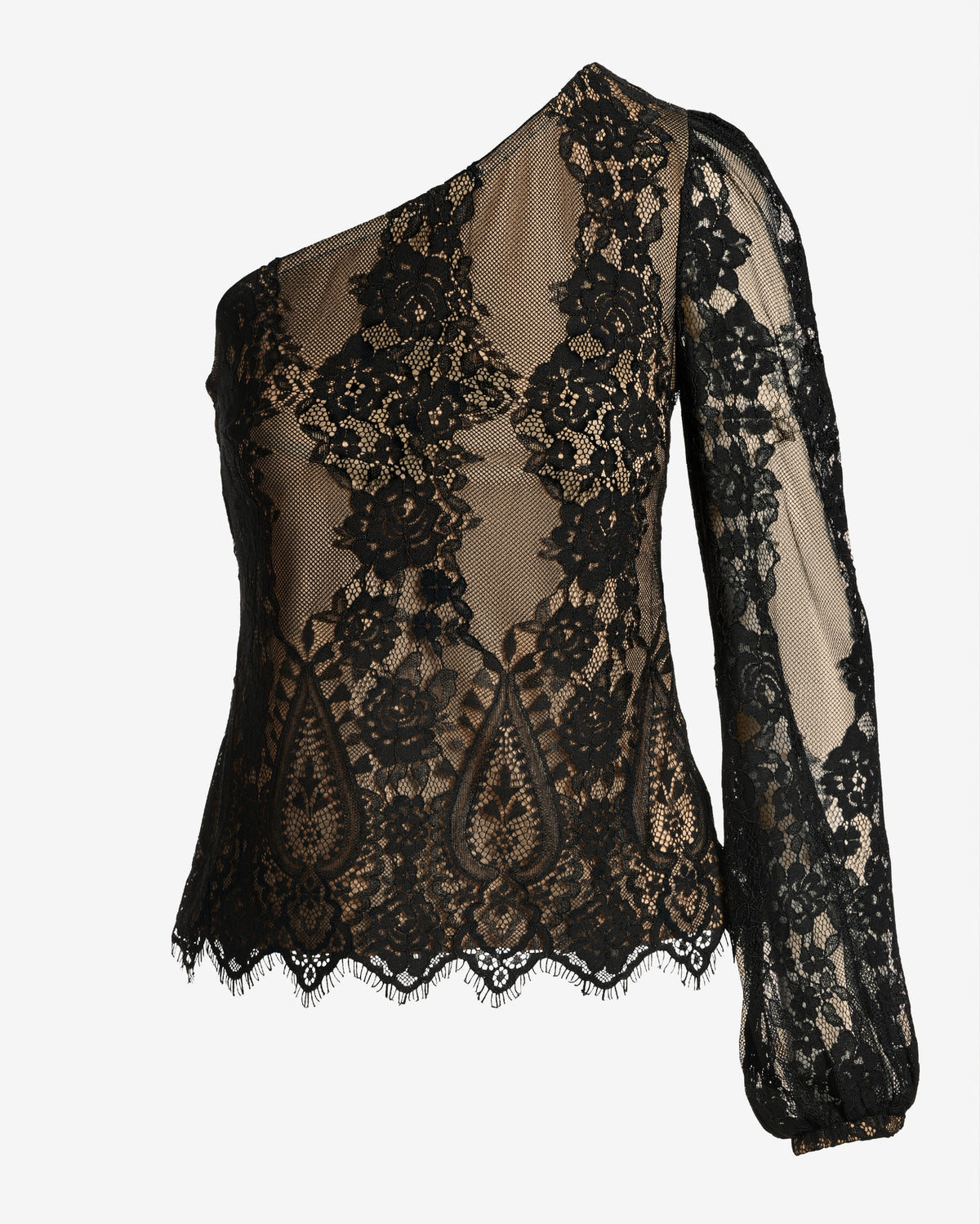 Lace One Shoulder Balloon Sleeve Knit Top Proper Black