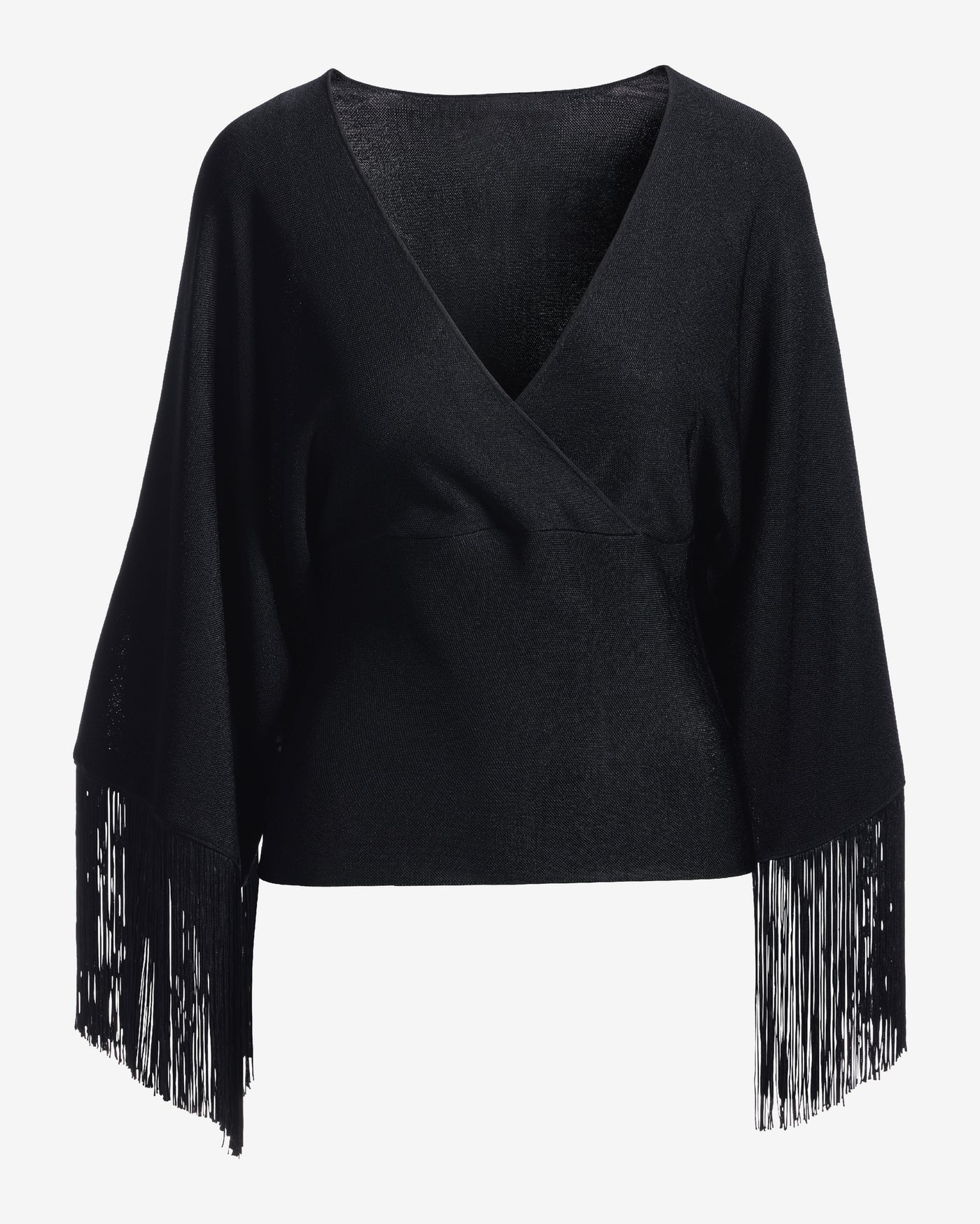 Surplice V-Neck Sleeve Fringe Sweater Top Black