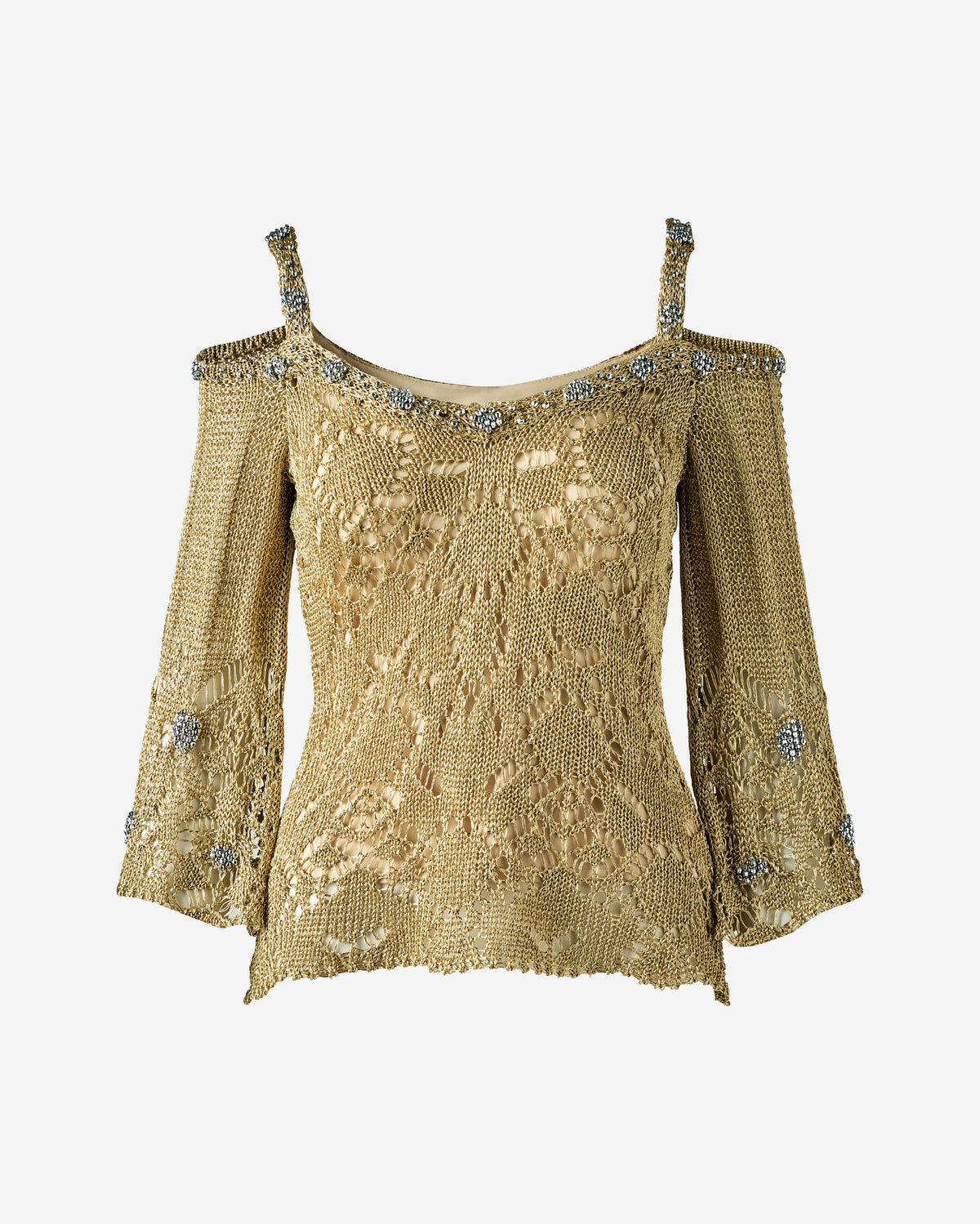 Cold Shoulder Metallic Crochet Beaded Sweater Top Gold/Silver