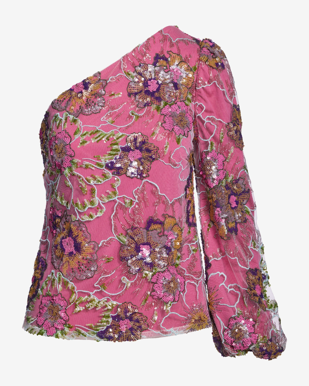 Sequin Floral Mesh One Shoulder Top Multi