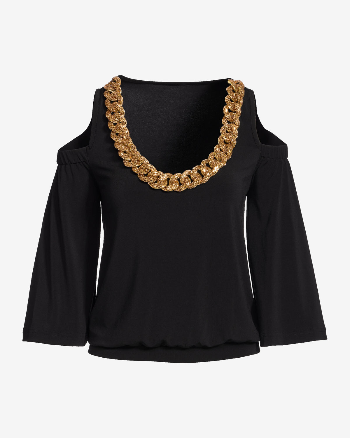 So Chic Cold Shoulder Heat Seal Chain Blouson Top Black