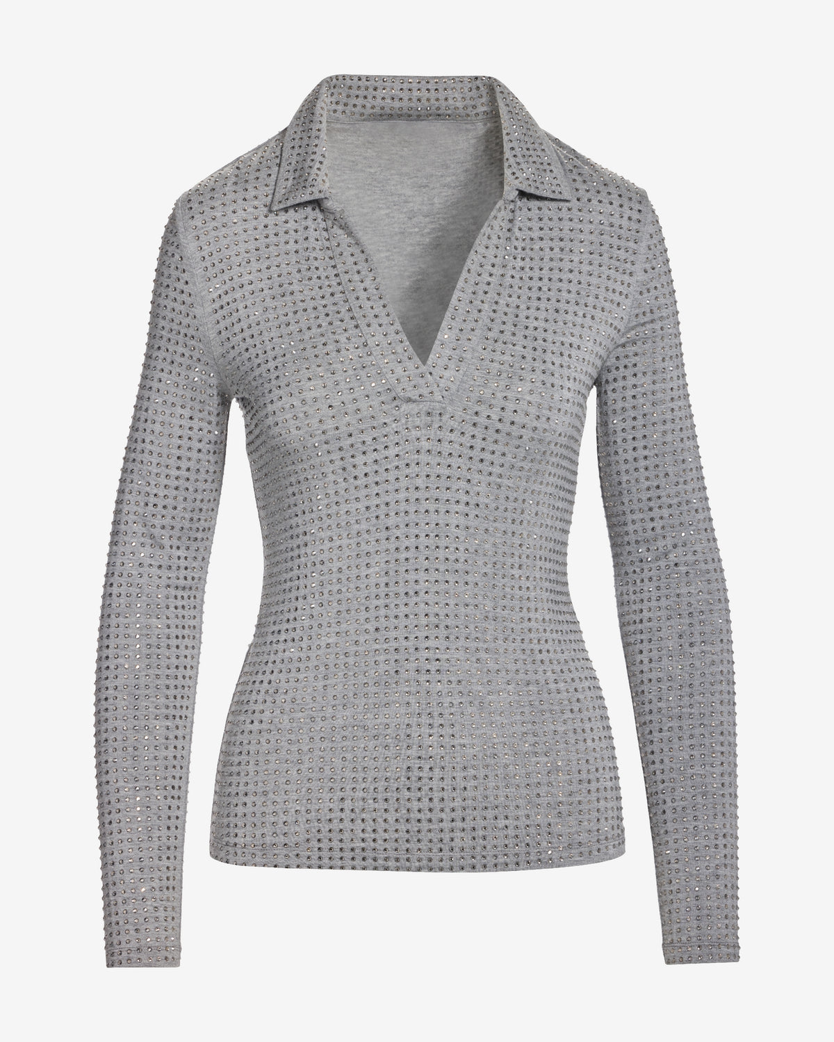 All Over Rhinestone Collared Top Heather Gray