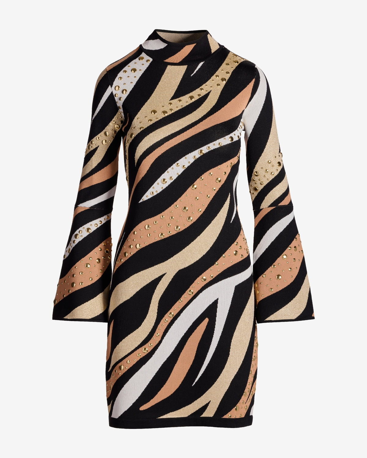 Metallic Studded Zebra Bell Sleeve Sweater Dress Neutral Zebra