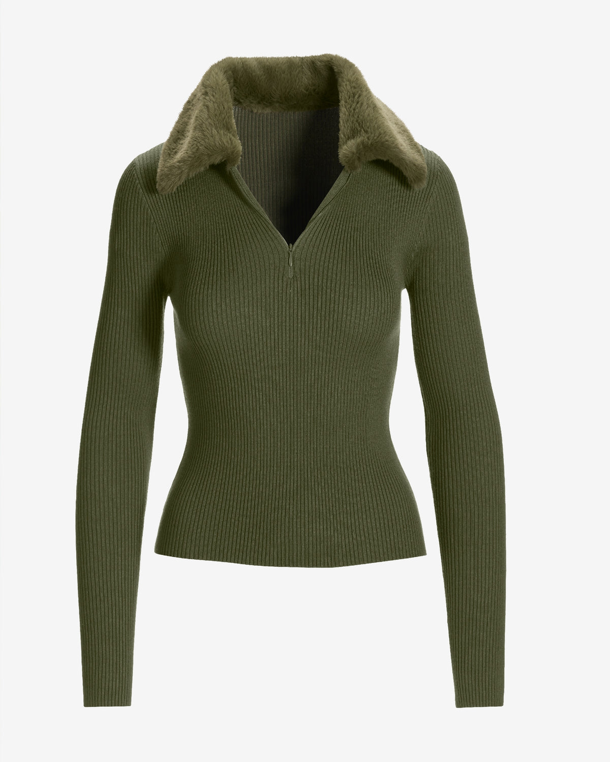 Faux Fur Collar Half Zip Ribbed Sweater Olive Night