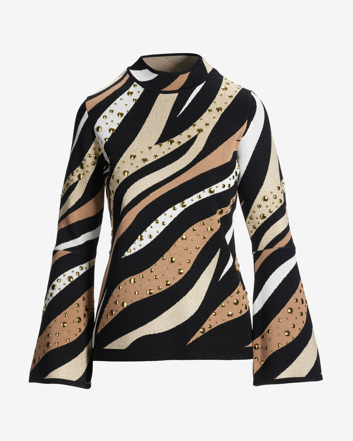Studded Zebra Jacquard Flare Sleeve Sweater Neutral Zebra