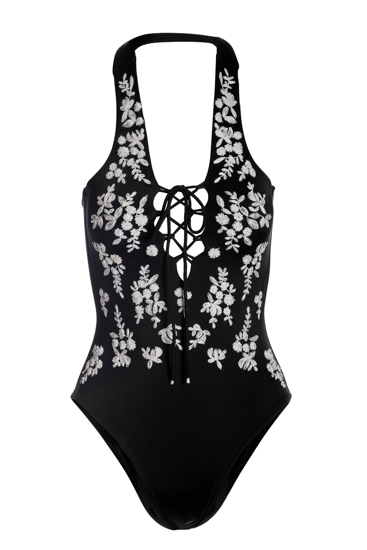 Embroidered Plunge One Piece Black