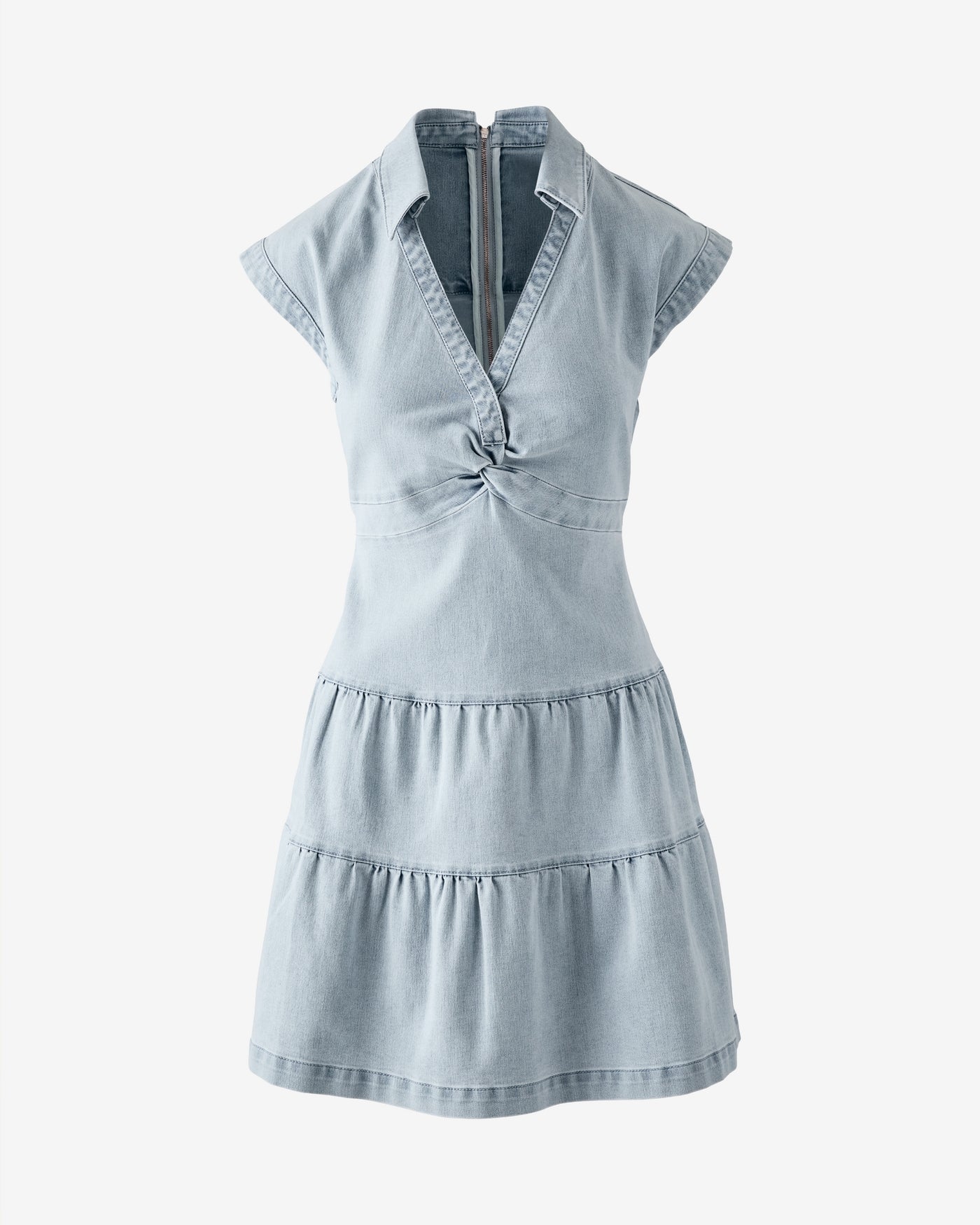 Front Knot Collared Tiered Denim Dress Ultra Light Wash