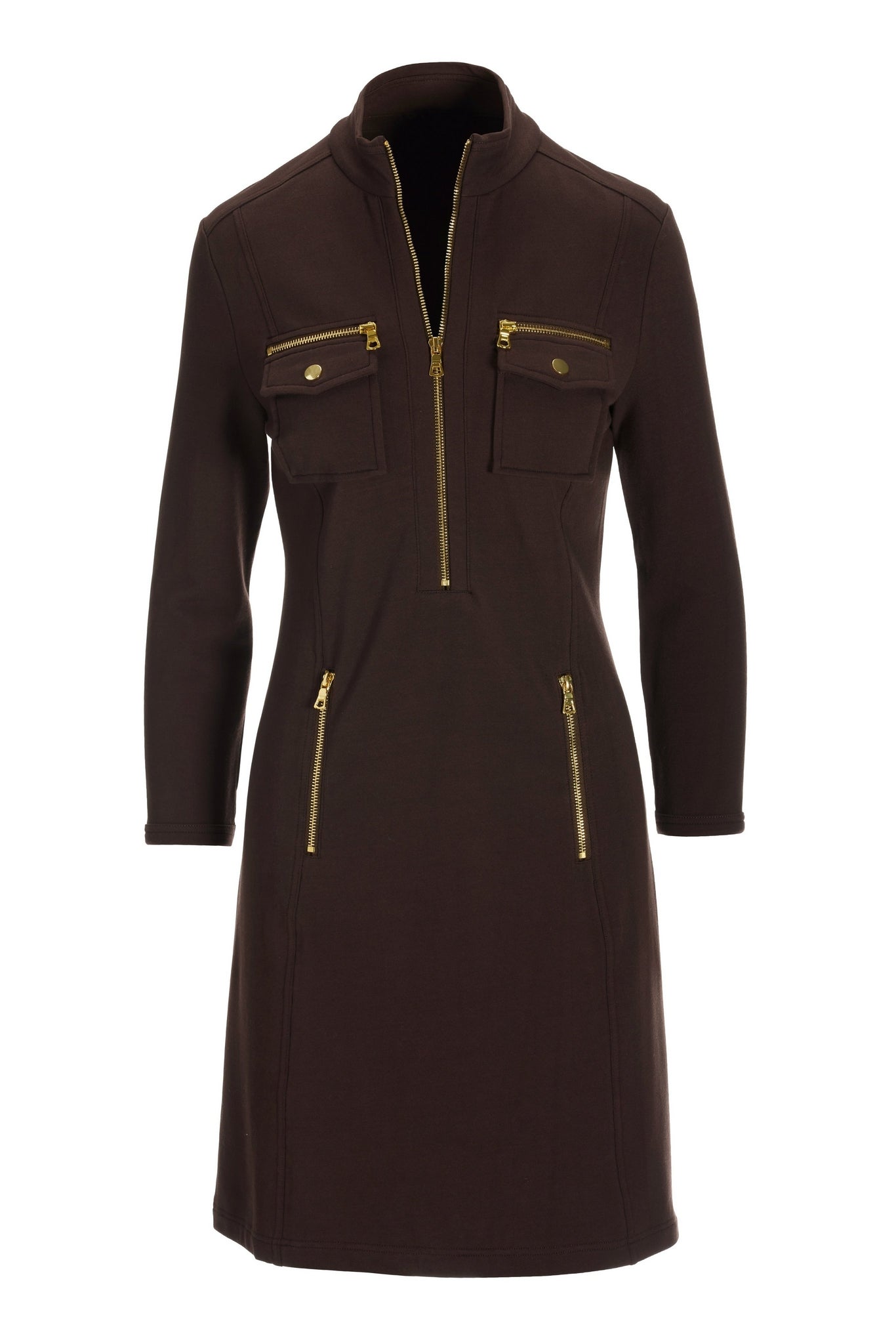 Three Quarter Sleeve Chic Zip Dress Safari Brown