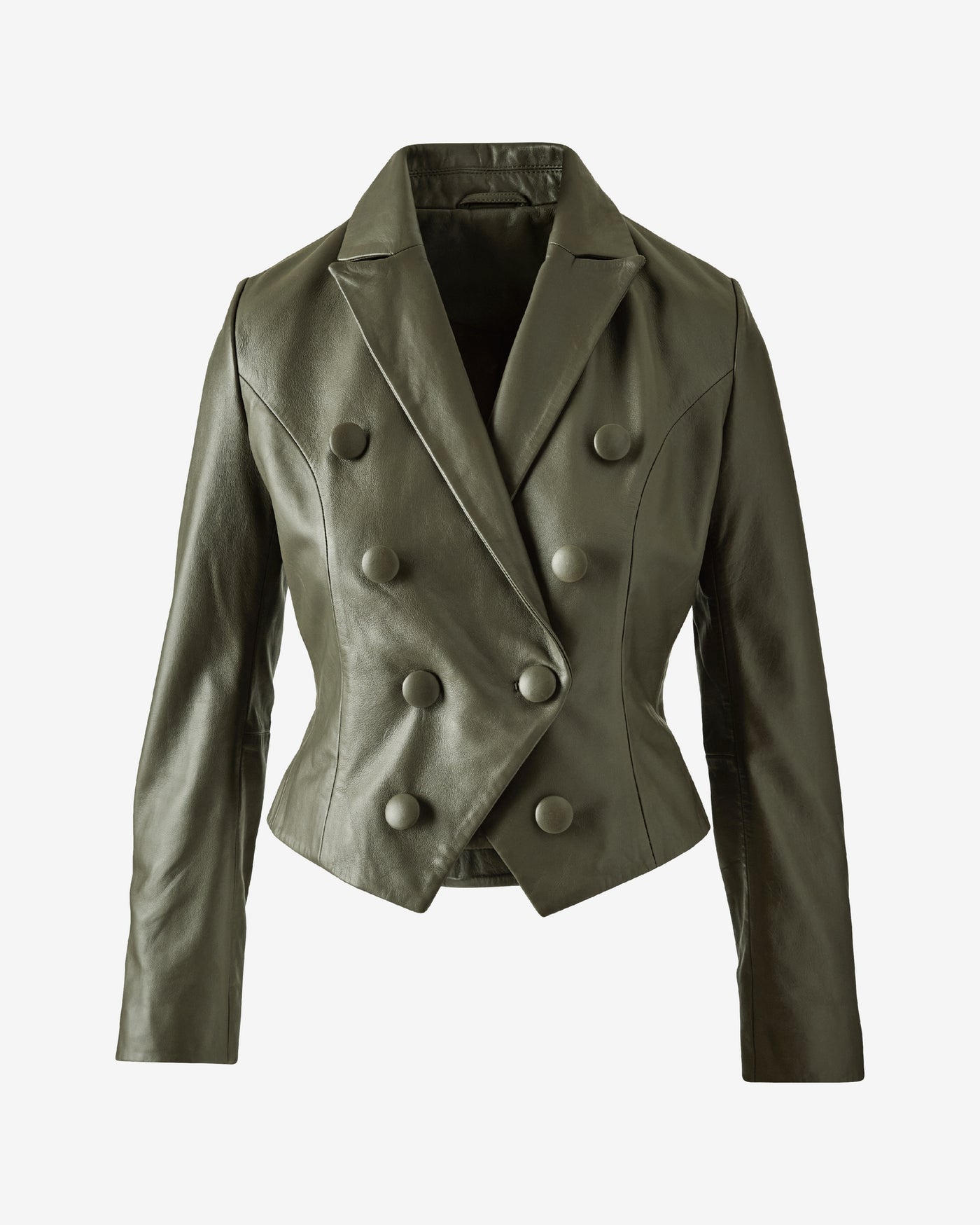 Genuine Leather Cut Away Crest Button Blazer Olive