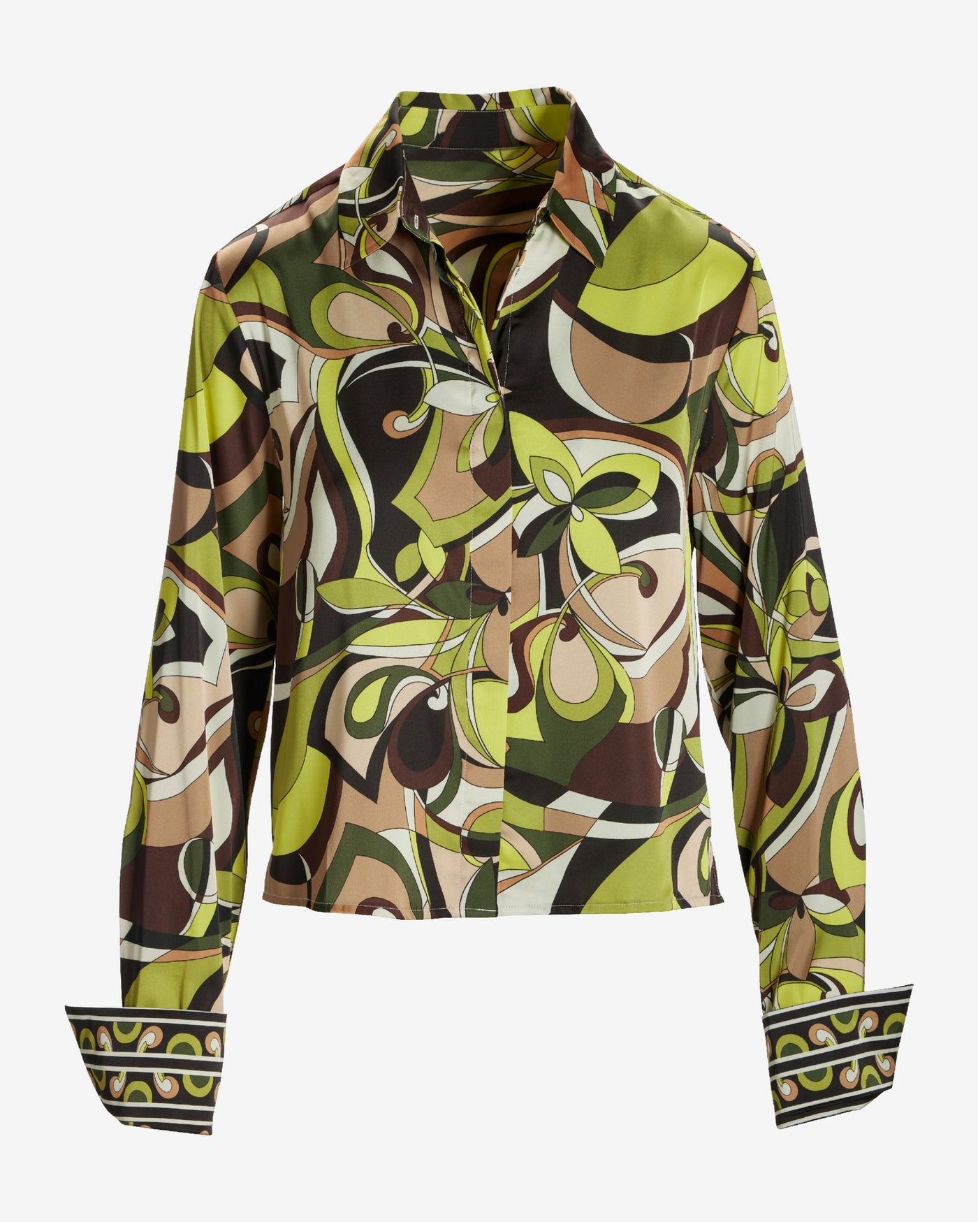 Meet-Me-At-The-Waist Print Charmeuse Button Up Shirt Multi