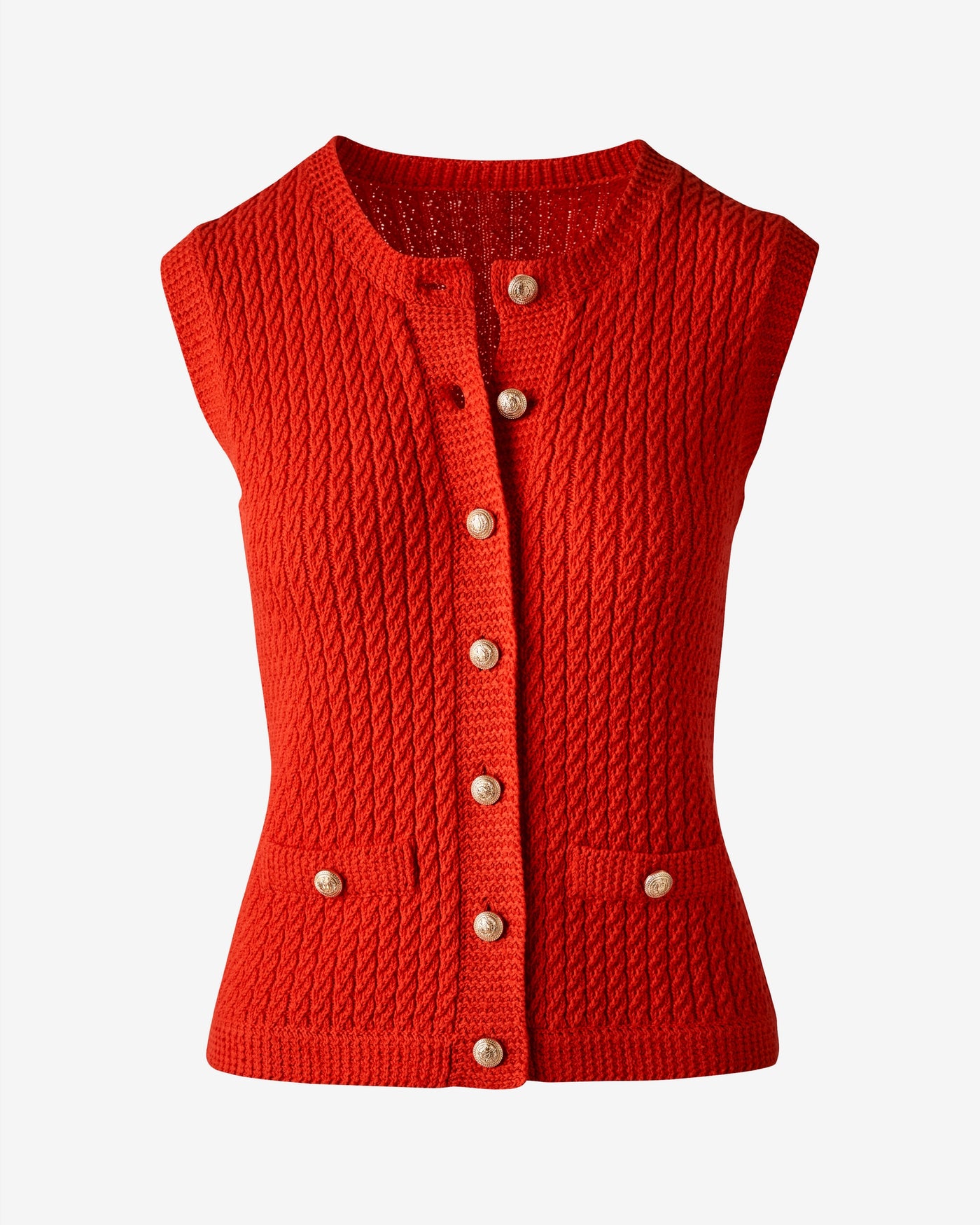 Sleeveless Textured Knit Button Front Sweater Tomato Red