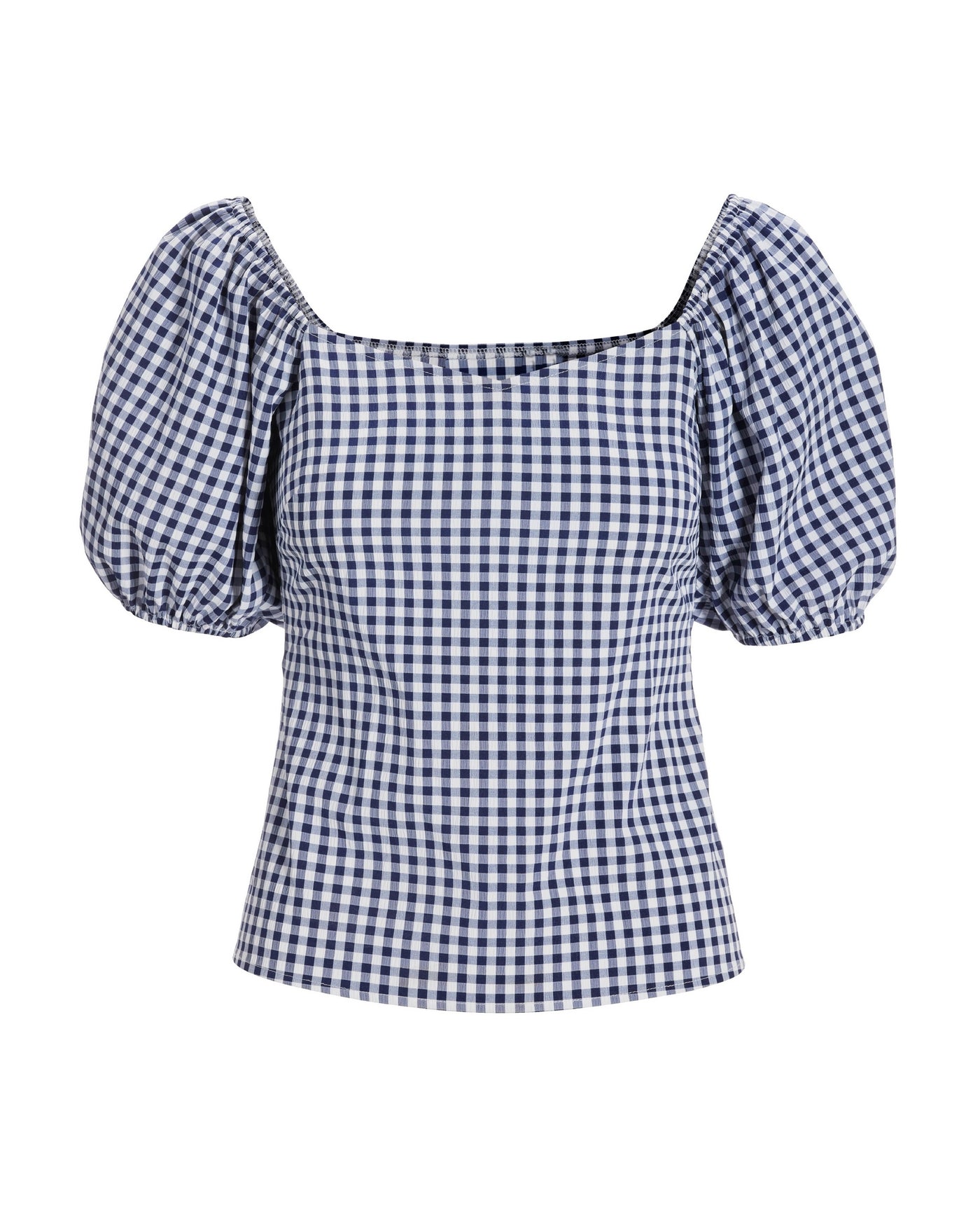 Gingham Puff Sleeve Sweetheart Top Navy/White