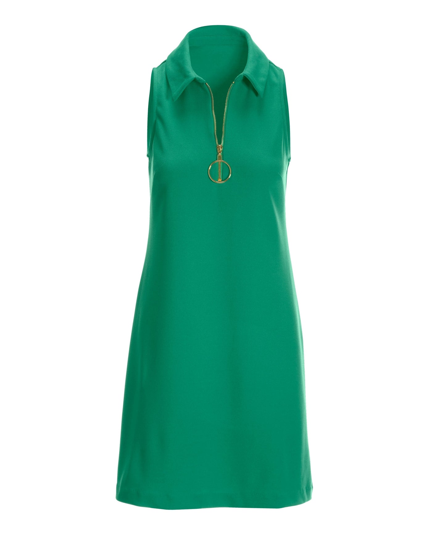 Solid Zippered Front Sleeveless Collared Dress Deep Green