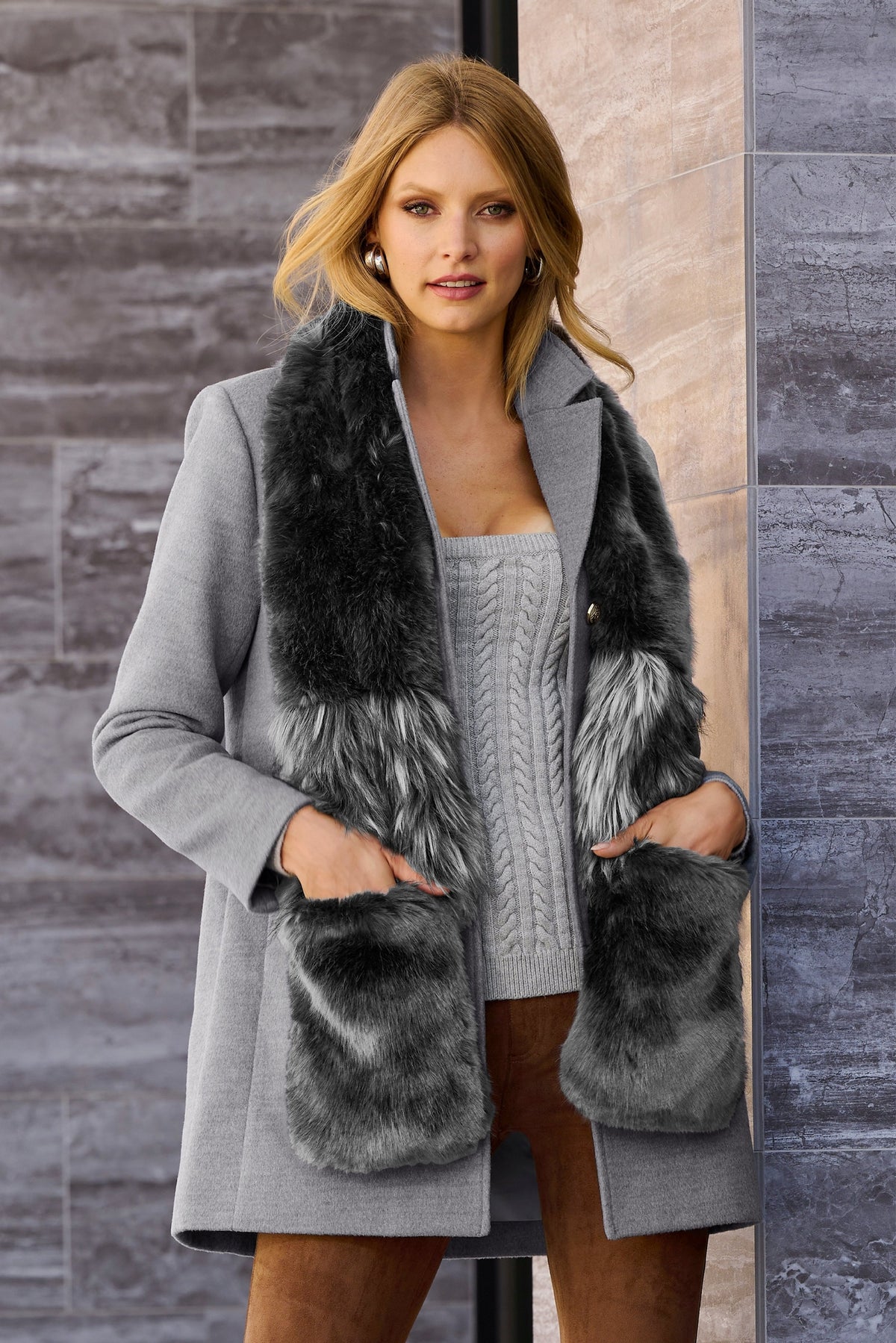Faux Fur Scarf With Hand Warmers Graphite Mink