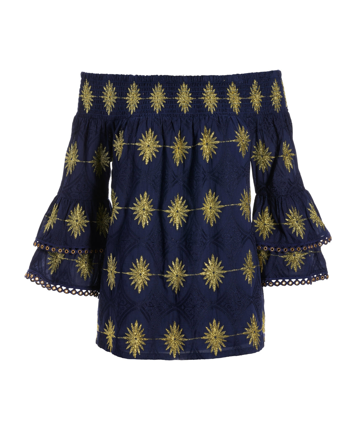 Metallic Off-The-Shoulder Tiered-Sleeve Blouse Navy/Gold