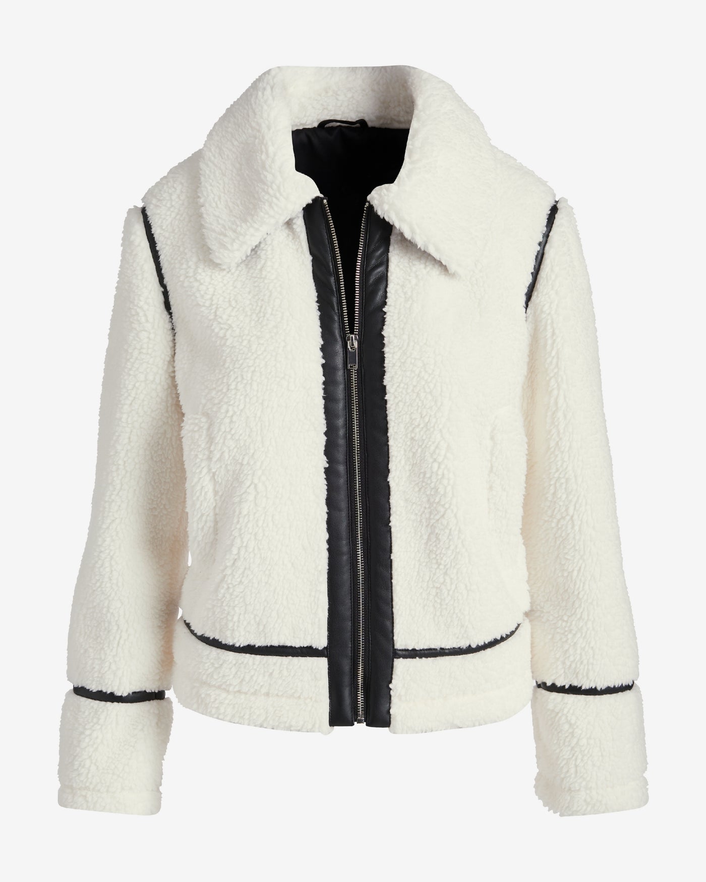 Faux Leather Trim Sherpa Coat Off White