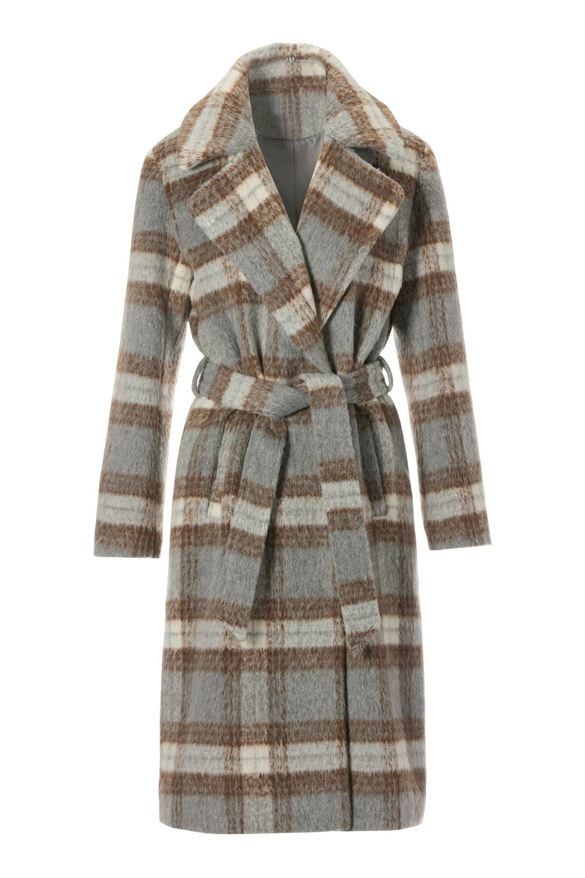 Faux Fur Trim Plaid Coat Gray Multi
