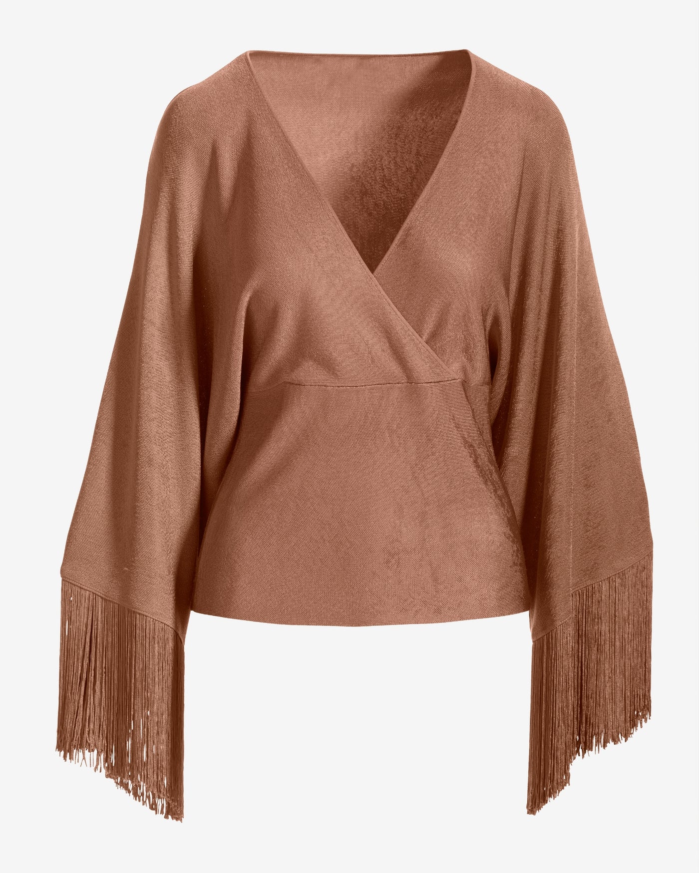 Surplice V-Neck Sleeve Fringe Sweater Top Camel
