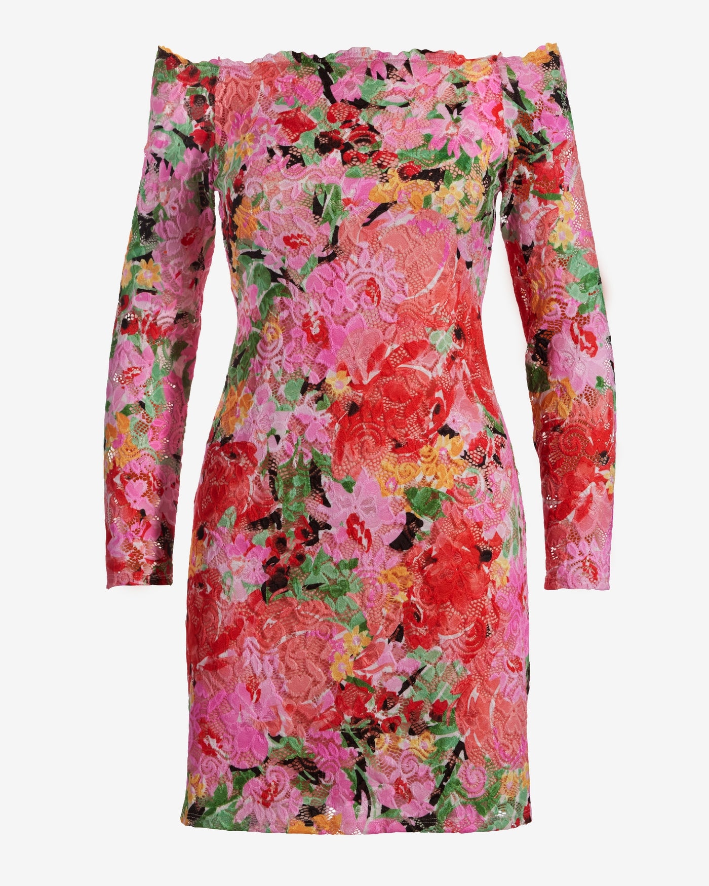 Shoulder Skimming Printed Stretch Lace Sheath Dress Pink Multi