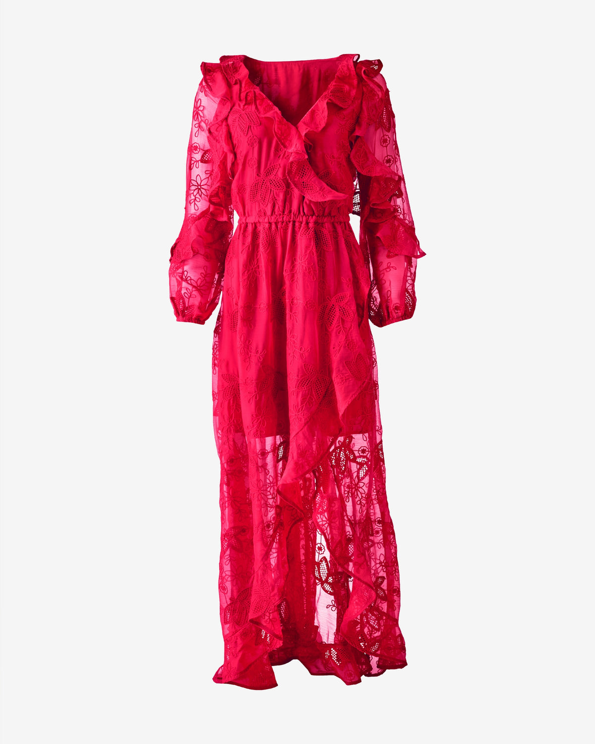 Embroidered Lace High Low Dress Tomato Red