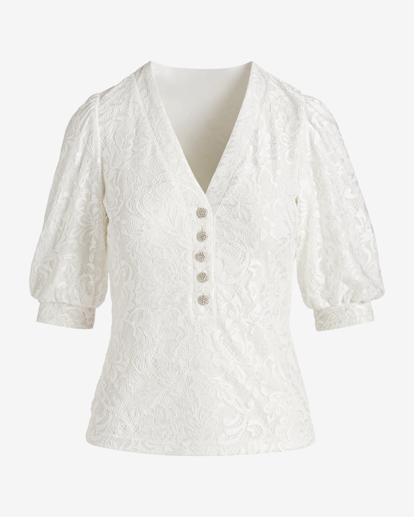 Lace Embellished Button Puff Sleeve Knit Top White