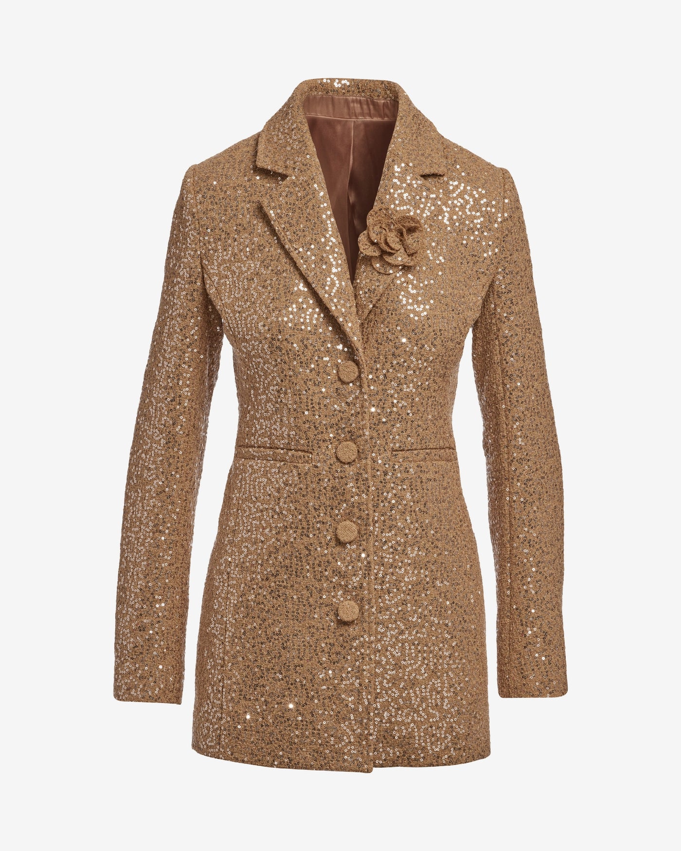 Sequin Embellished Rosette Hip Length Jacket Camel
