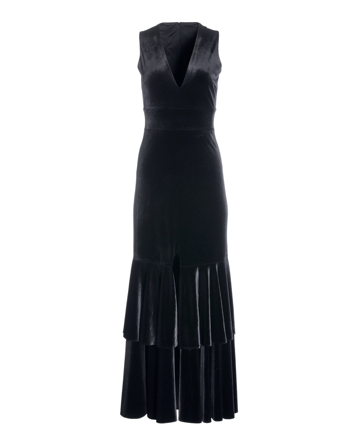 Velvet V Neck Ruffle Hem Gown Black