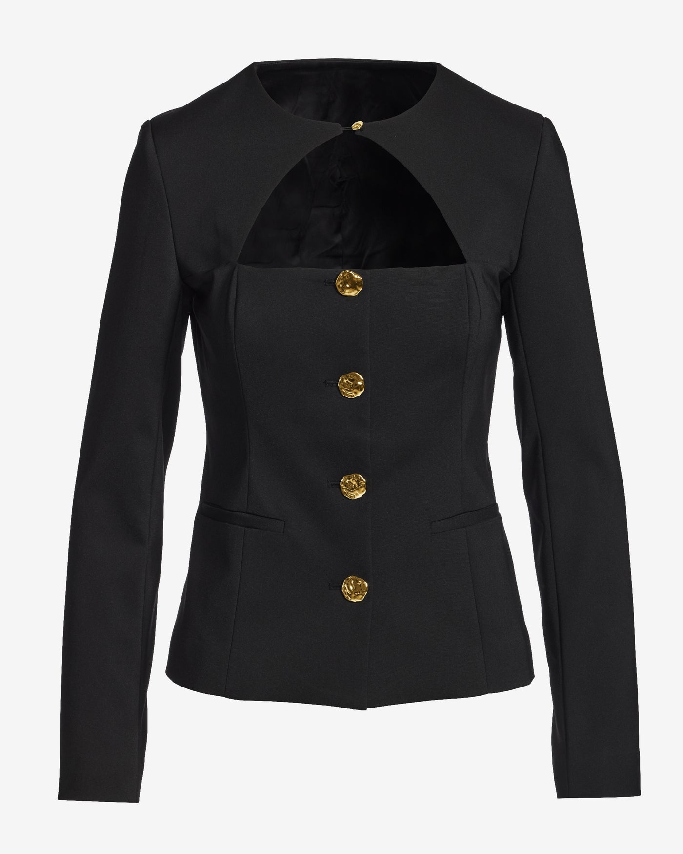 Modern Cutout Novelty Button Peplum Blazer Black