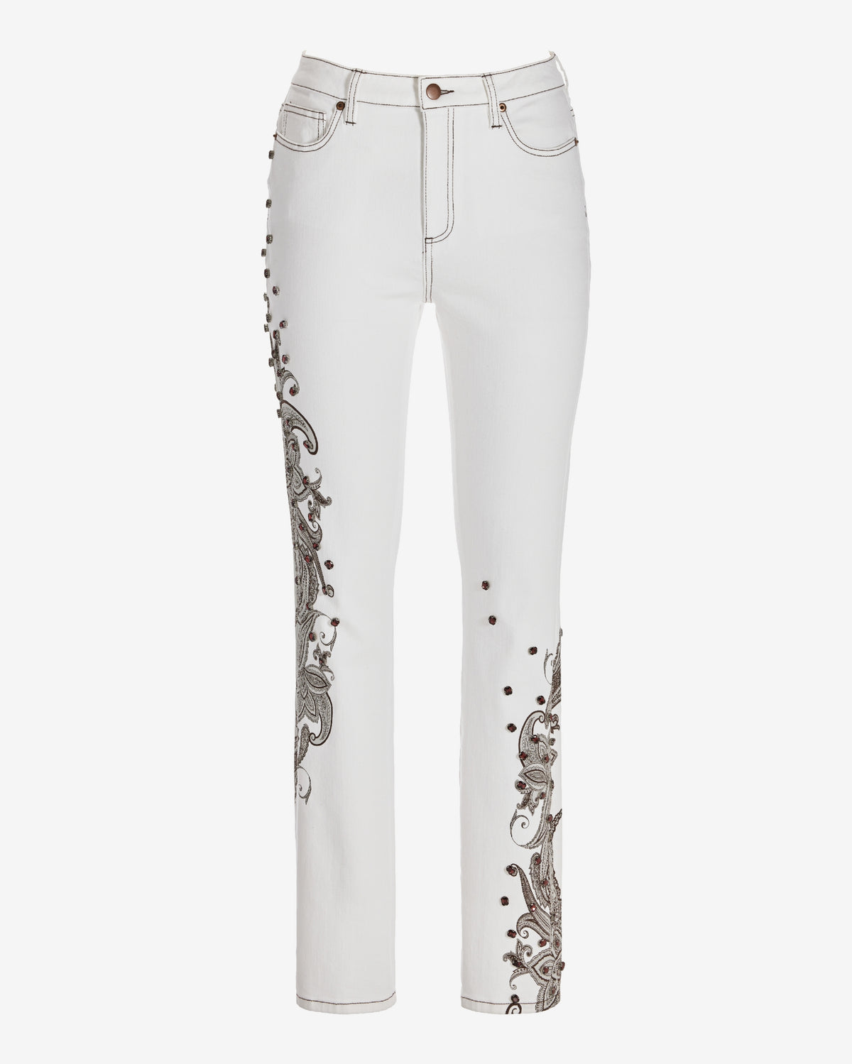 Newport High Rise Paisley Embellished Slim Straight Jean Off White/Brown
